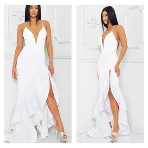 White Formal Ruffle Layered Floor Length Body Control Dress NWT